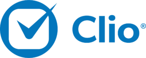 The Clio logo, a white checkbox over a blue circle with a blue check mark in the box. The word "Clio" is to the right in blue.